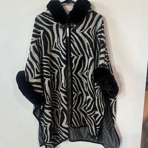 Zebra Print Poncho with Faux Fur Trim
